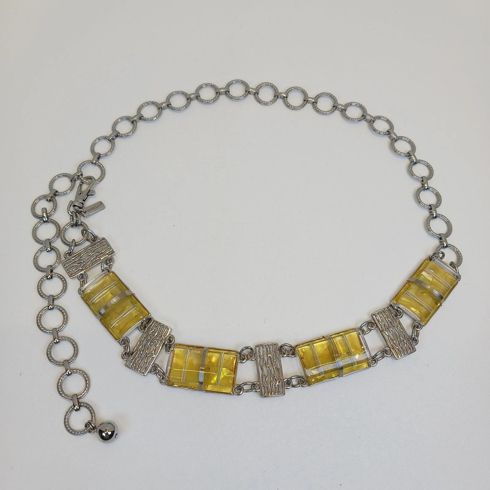 Chicos Silver Tone Chain Belt Yellow Resin Wire Wrapped Panels Adjustable
